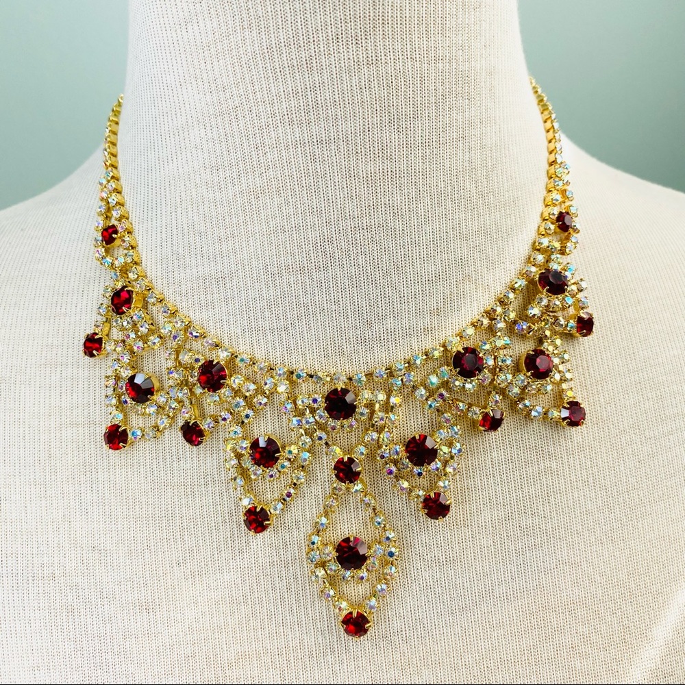Deep Red Ruby & Gold Color Rhinestones NECKLACE / Stunning Statement necklace